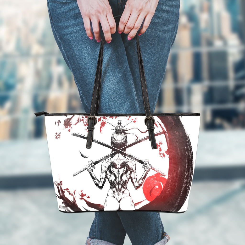 Japanese Samurai Woman Print Leather Tote Bag