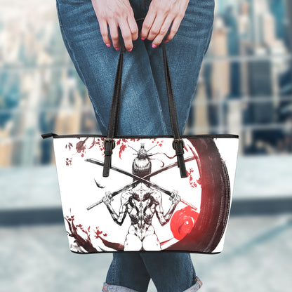 Japanese Samurai Woman Print Leather Tote Bag
