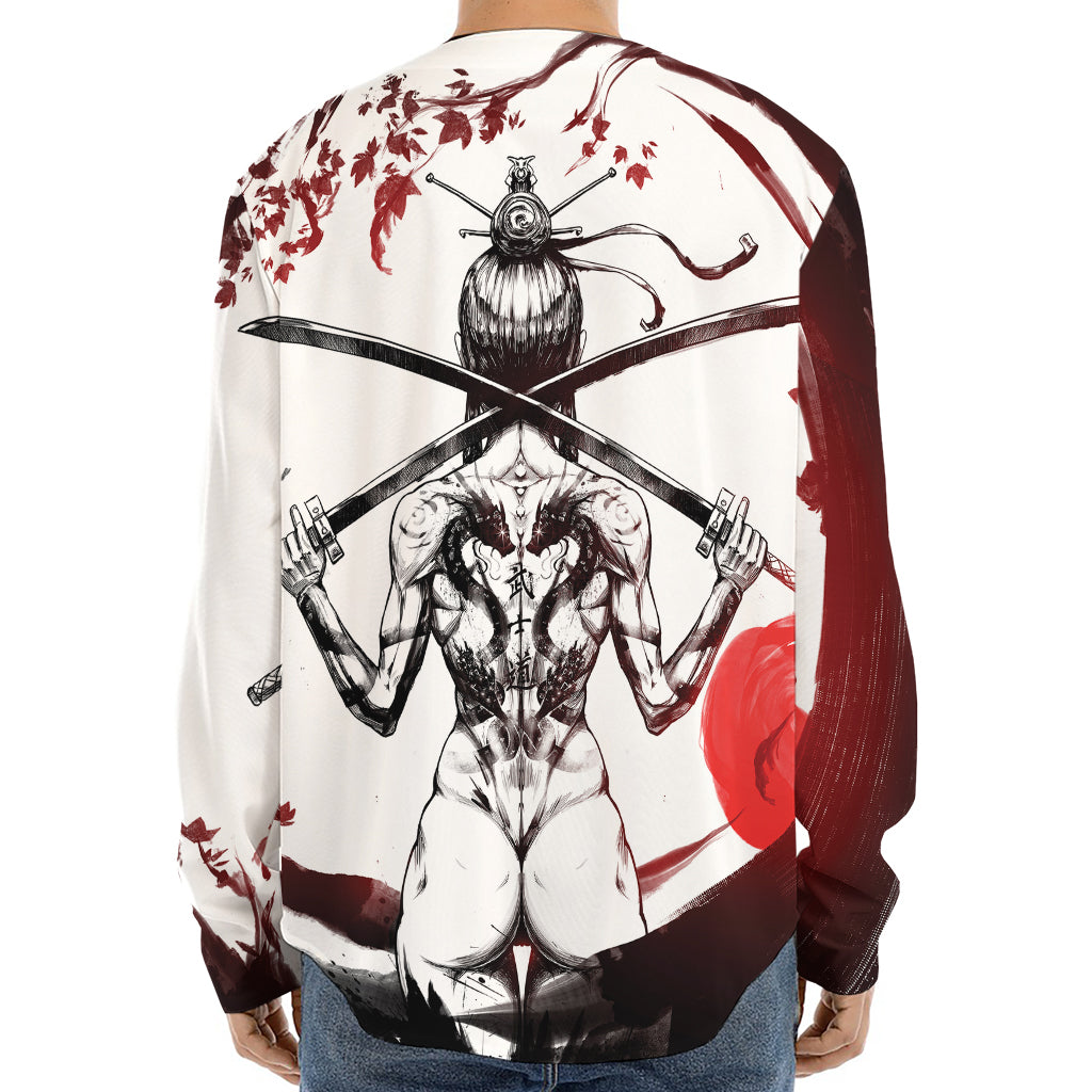 Japanese Samurai Woman Print Long Sleeve Baseball Jersey