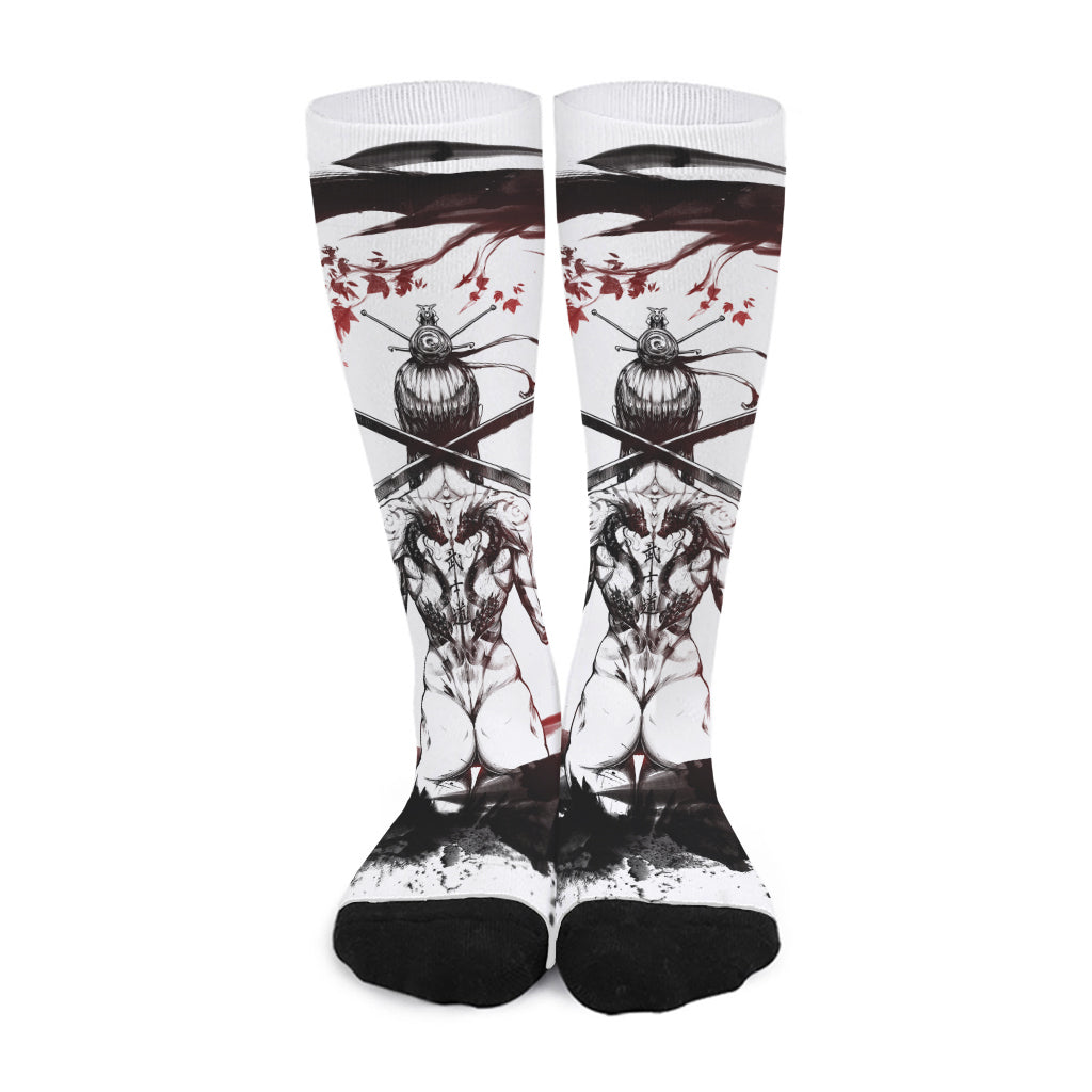 Japanese Samurai Woman Print Long Socks