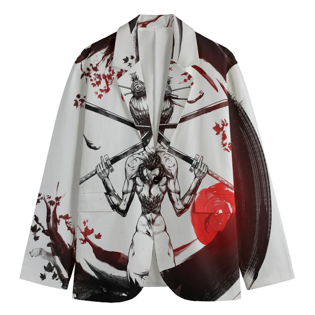 Japanese Samurai Woman Print Men's Cotton Blazer