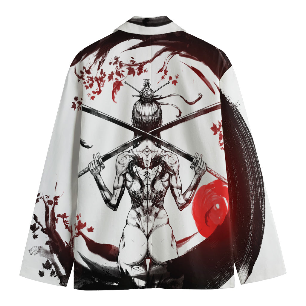 Japanese Samurai Woman Print Men's Cotton Blazer