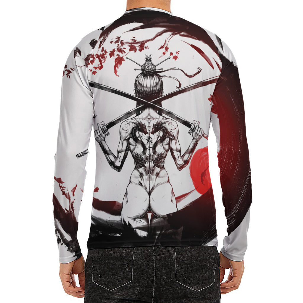 Japanese Samurai Woman Print Men's Long Sleeve Rash Guard