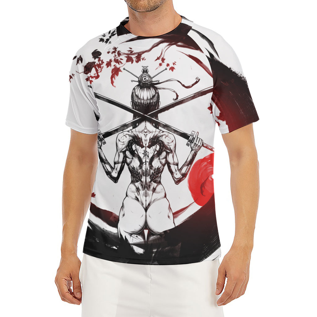 Japanese Samurai Woman Print Men's Short Sleeve Rash Guard
