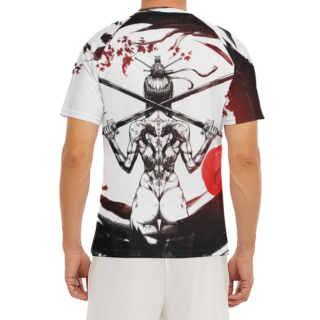 Japanese Samurai Woman Print Men's Short Sleeve Rash Guard