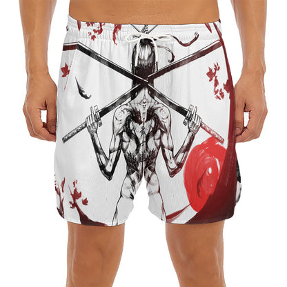 Japanese Samurai Woman Print Men's Split Running Shorts