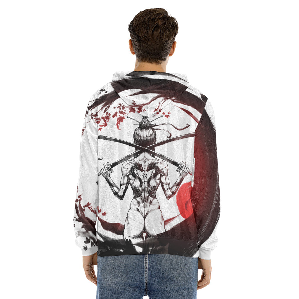 Japanese Samurai Woman Print Men's Velvet Pullover Hoodie