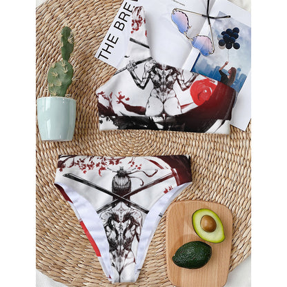 Japanese Samurai Woman Print One Shoulder Bikini Top