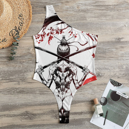Japanese Samurai Woman Print One Shoulder Bodysuit