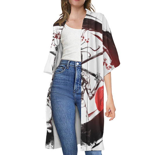 Japanese Samurai Woman Print Open Front Beach Cover Up