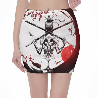 Japanese Samurai Woman Print Pencil Mini Skirt