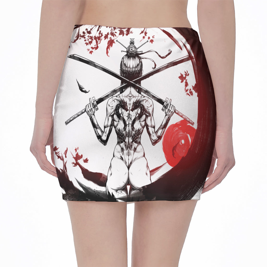 Japanese Samurai Woman Print Pencil Mini Skirt