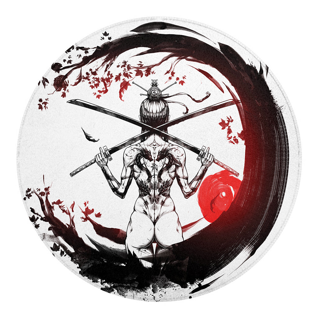 Japanese Samurai Woman Print Round Blanket