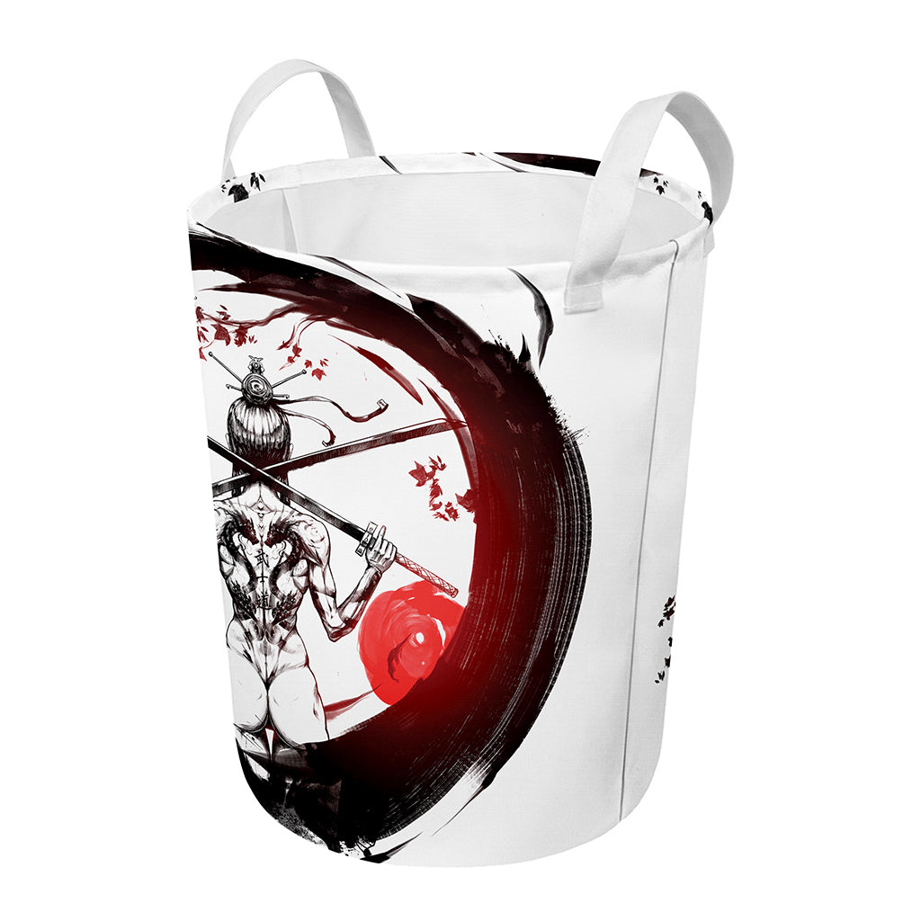 Japanese Samurai Woman Print Round Laundry Basket