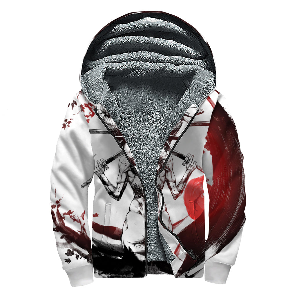 Japanese Samurai Woman Print Sherpa Lined Zip Up Hoodie