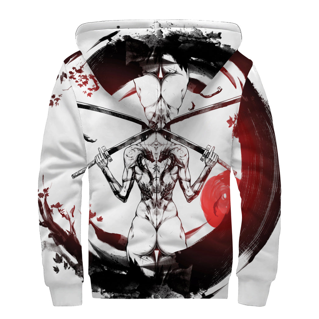 Japanese Samurai Woman Print Sherpa Lined Zip Up Hoodie