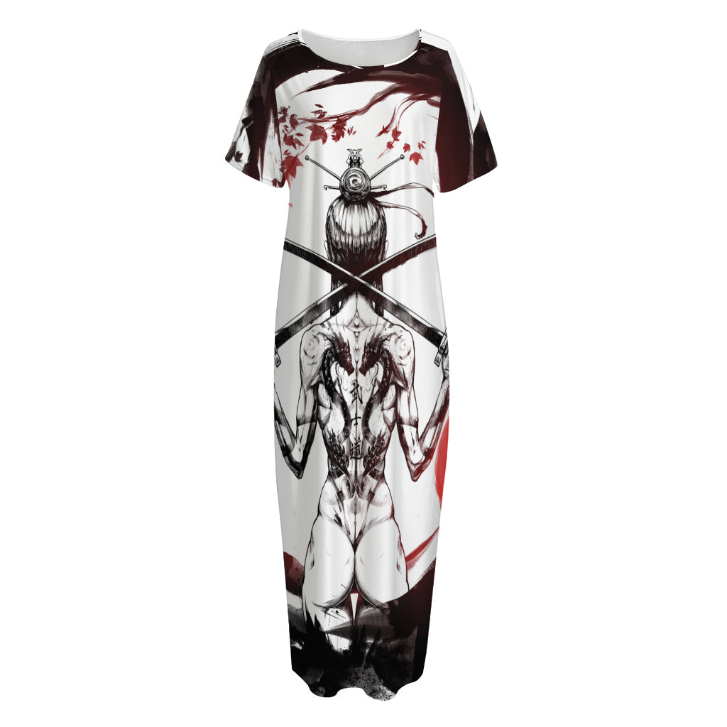Japanese Samurai Woman Print Short Sleeve Long Nightdress