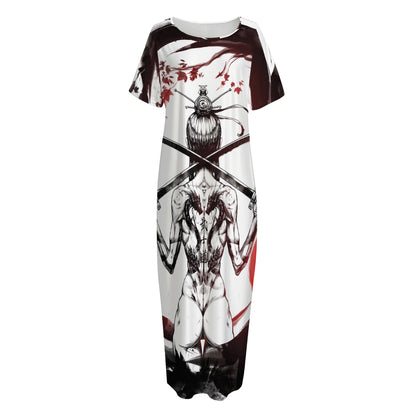 Japanese Samurai Woman Print Short Sleeve Long Nightdress