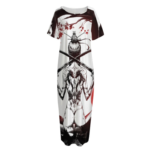 Japanese Samurai Woman Print Short Sleeve Long Nightdress