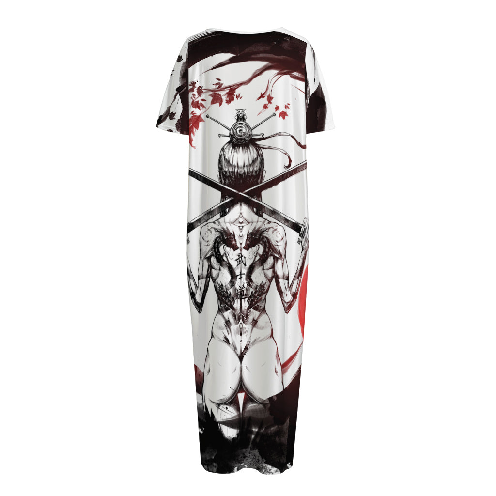 Japanese Samurai Woman Print Short Sleeve Long Nightdress
