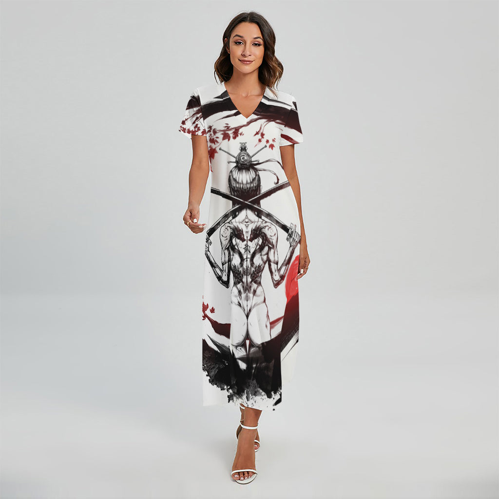 Japanese Samurai Woman Print Short Sleeve Maxi Dress
