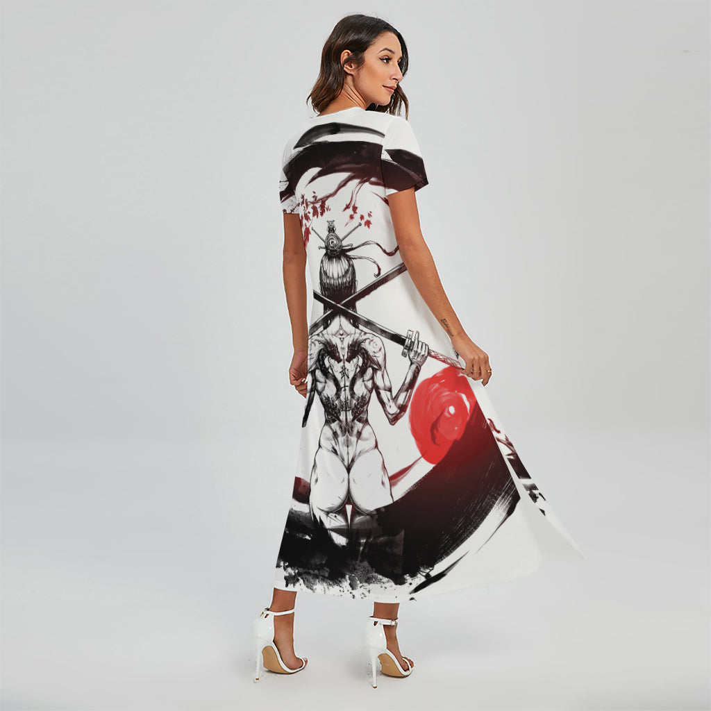 Japanese Samurai Woman Print Short Sleeve Maxi Dress