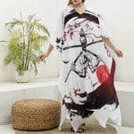 Japanese Samurai Woman Print Silk V-Neck Kaftan Dress