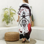 Japanese Samurai Woman Print Silk V-Neck Kaftan Dress