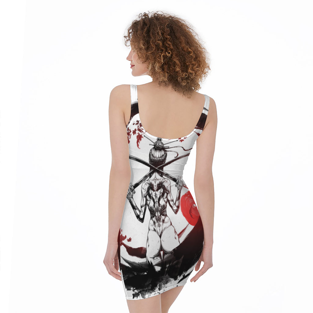 Japanese Samurai Woman Print Sleeveless Bodycon Dress