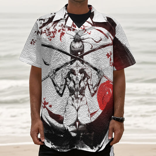 Japanese Samurai Woman Print Textured Short Sleeve Shirt