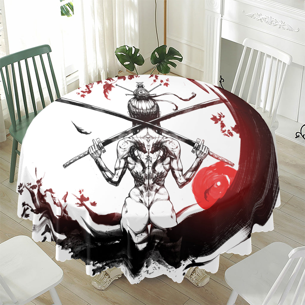 Japanese Samurai Woman Print Waterproof Round Tablecloth
