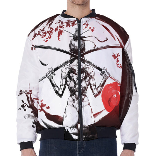 Japanese Samurai Woman Print Zip Sleeve Bomber Jacket