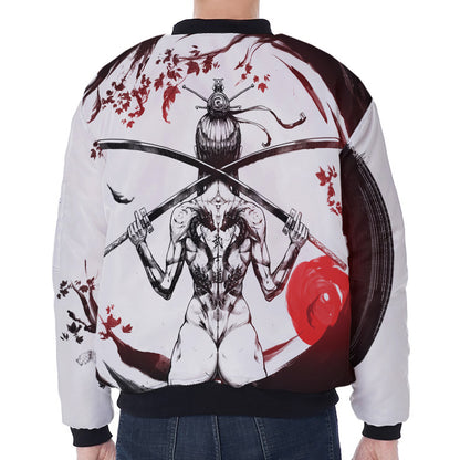 Japanese Samurai Woman Print Zip Sleeve Bomber Jacket