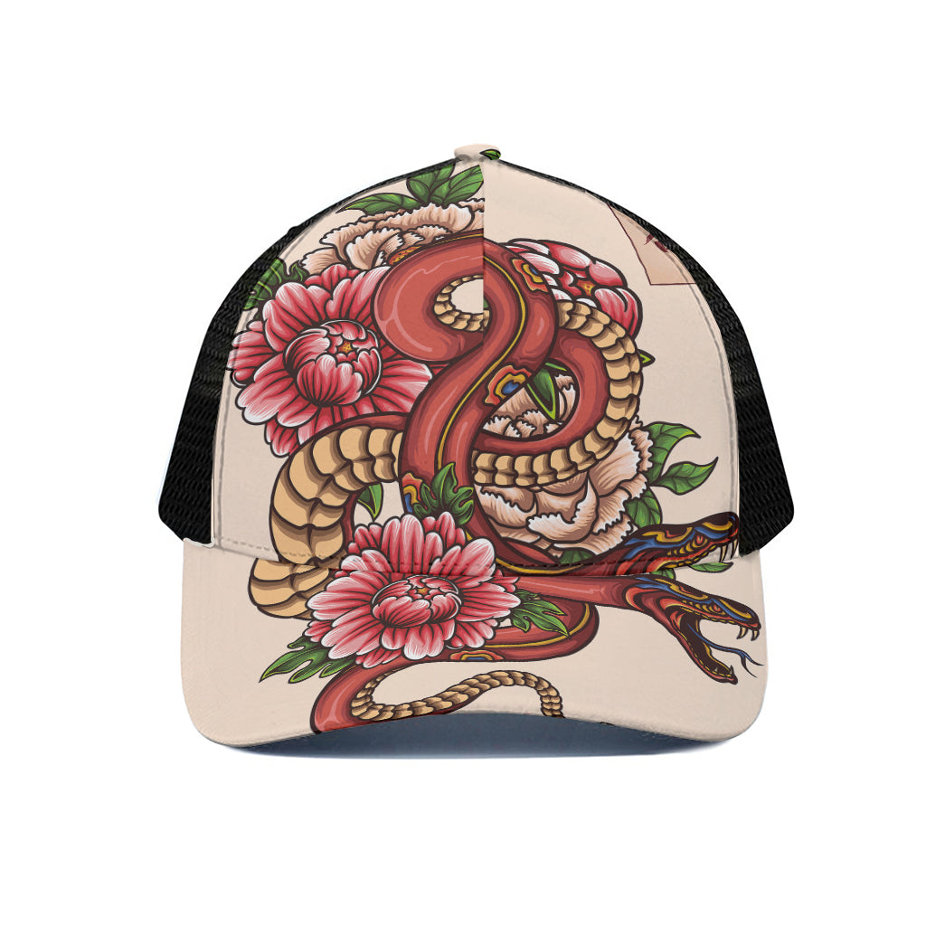 Japanese Snake Tattoo Print Black Mesh Trucker Cap