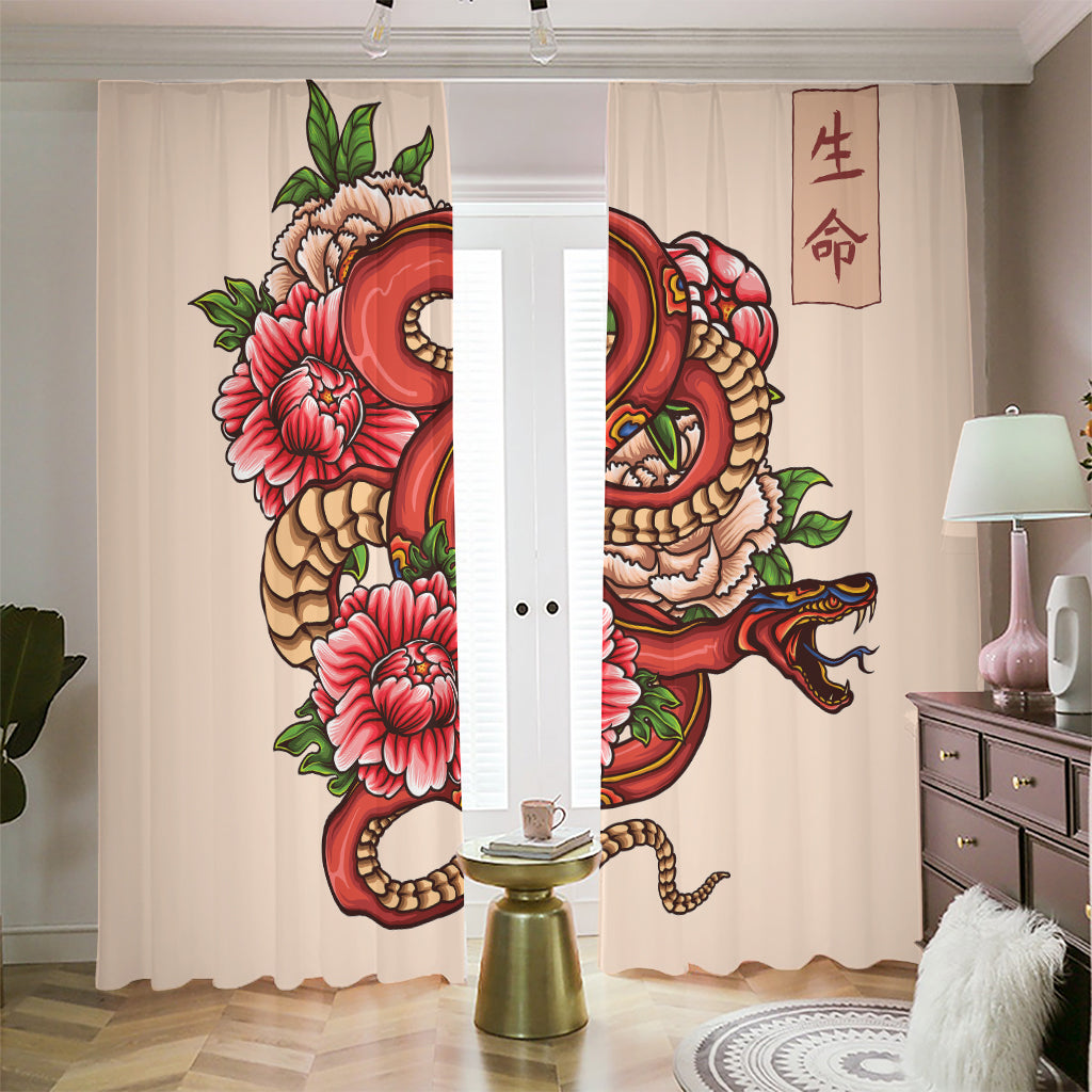 Japanese Snake Tattoo Print Blackout Pencil Pleat Curtains