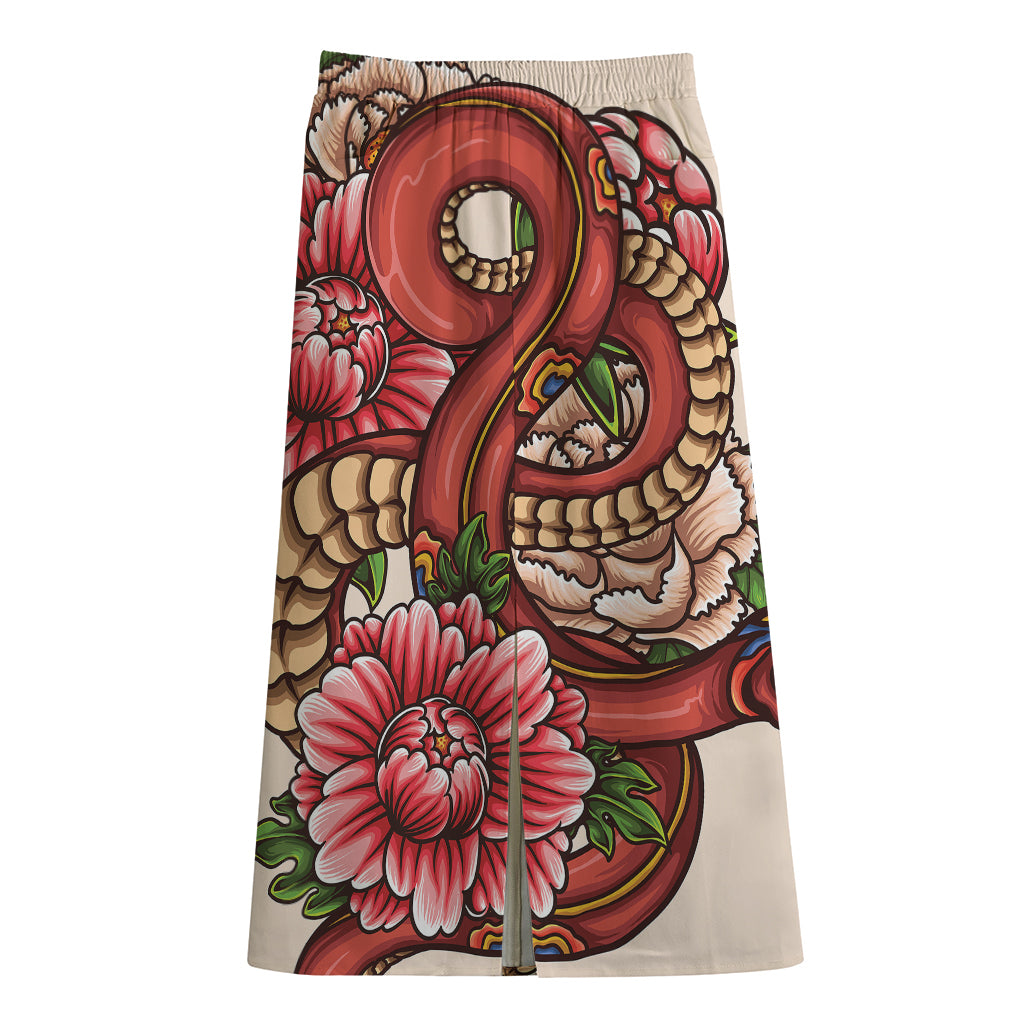 Japanese Snake Tattoo Print Cotton Front Slit Maxi Skirt
