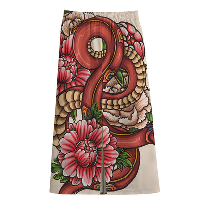Japanese Snake Tattoo Print Cotton Front Slit Maxi Skirt