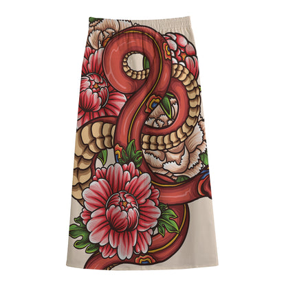 Japanese Snake Tattoo Print Cotton Front Slit Maxi Skirt