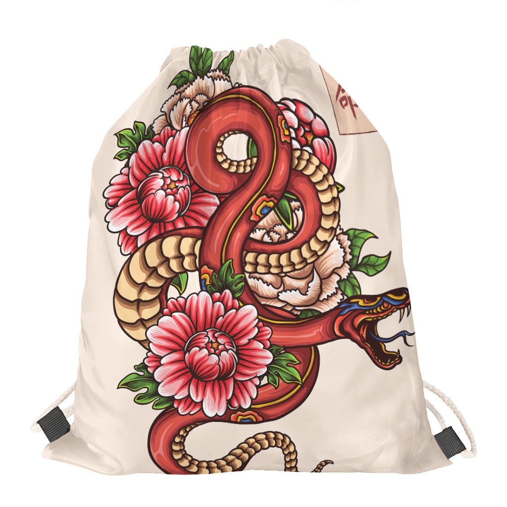 Japanese Snake Tattoo Print Drawstring Bag