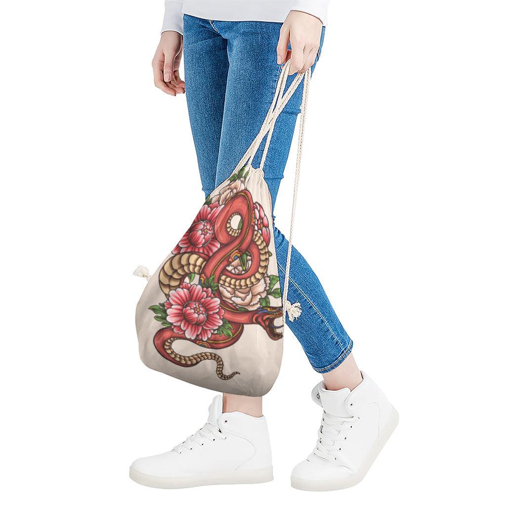 Japanese Snake Tattoo Print Drawstring Bag