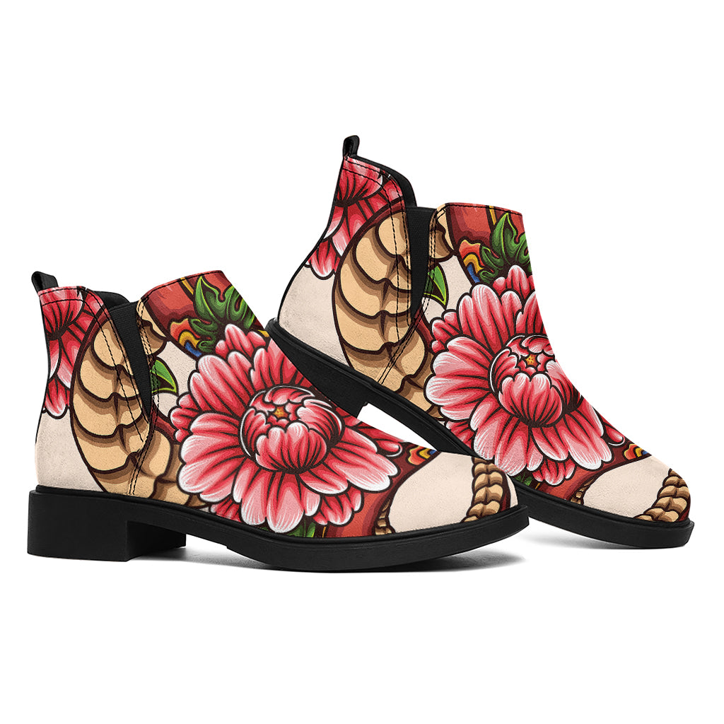 Japanese Snake Tattoo Print Flat Ankle Boots