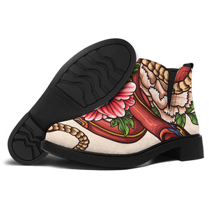 Japanese Snake Tattoo Print Flat Ankle Boots