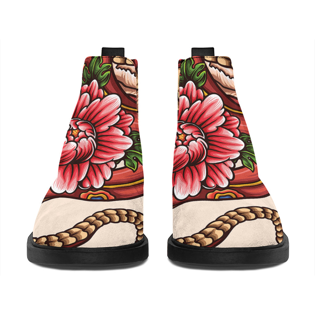 Japanese Snake Tattoo Print Flat Ankle Boots