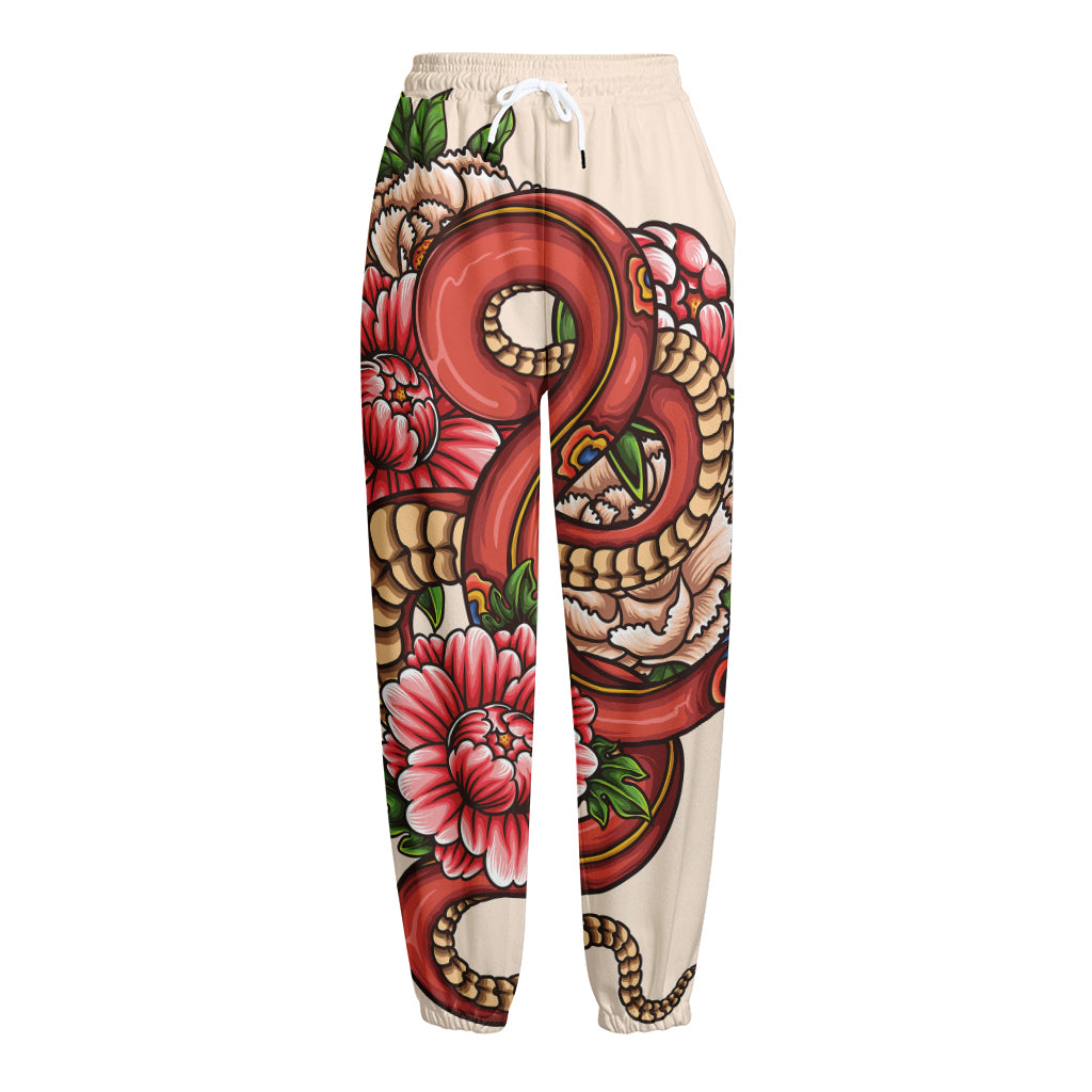 Japanese Snake Tattoo Print Fleece Lined Knit Pants