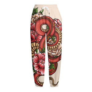 Japanese Snake Tattoo Print Fleece Lined Knit Pants