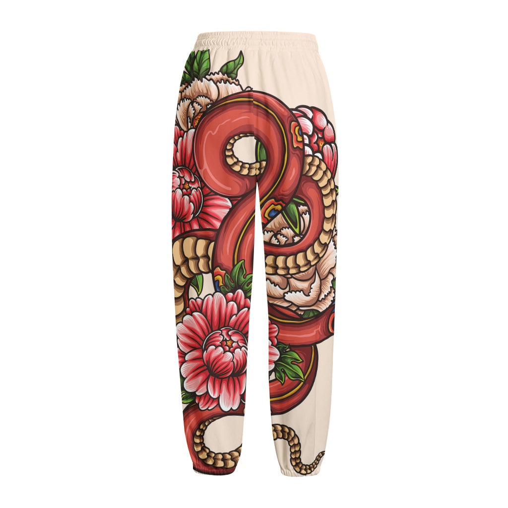 Japanese Snake Tattoo Print Fleece Lined Knit Pants