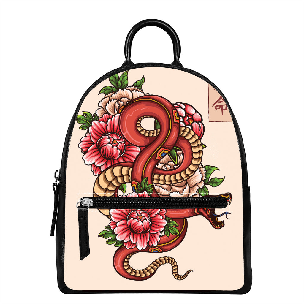 Japanese Snake Tattoo Print Leather Backpack