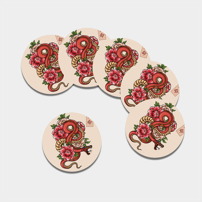 Japanese Snake Tattoo Print Leather Coaster Set