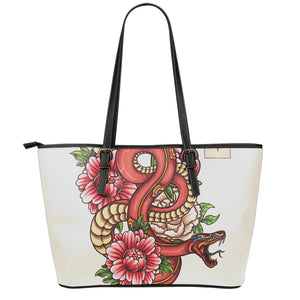 Japanese Snake Tattoo Print Leather Tote Bag