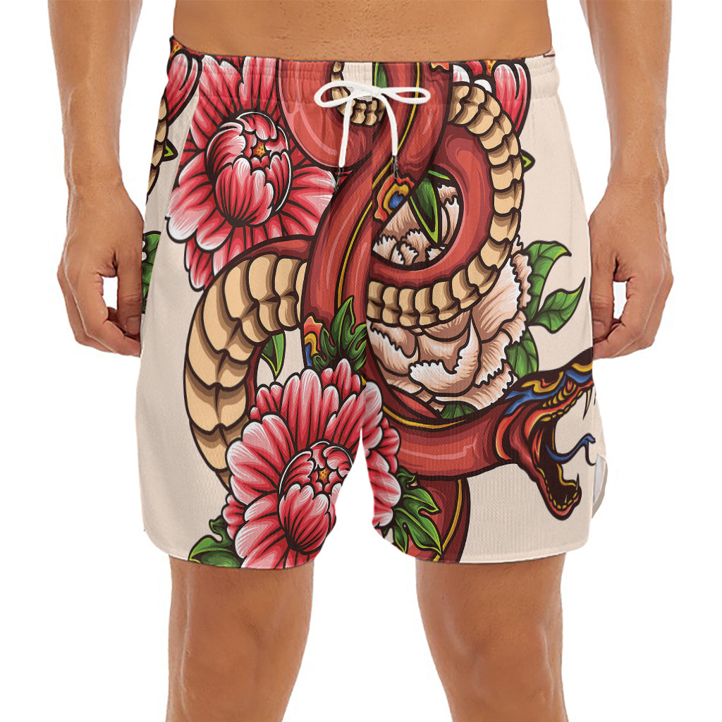 Japanese Snake Tattoo Print Men's Split Running Shorts